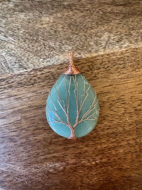 Green Teardrop Tree of Life Pendant Necklace - Copper Wire Wrapped